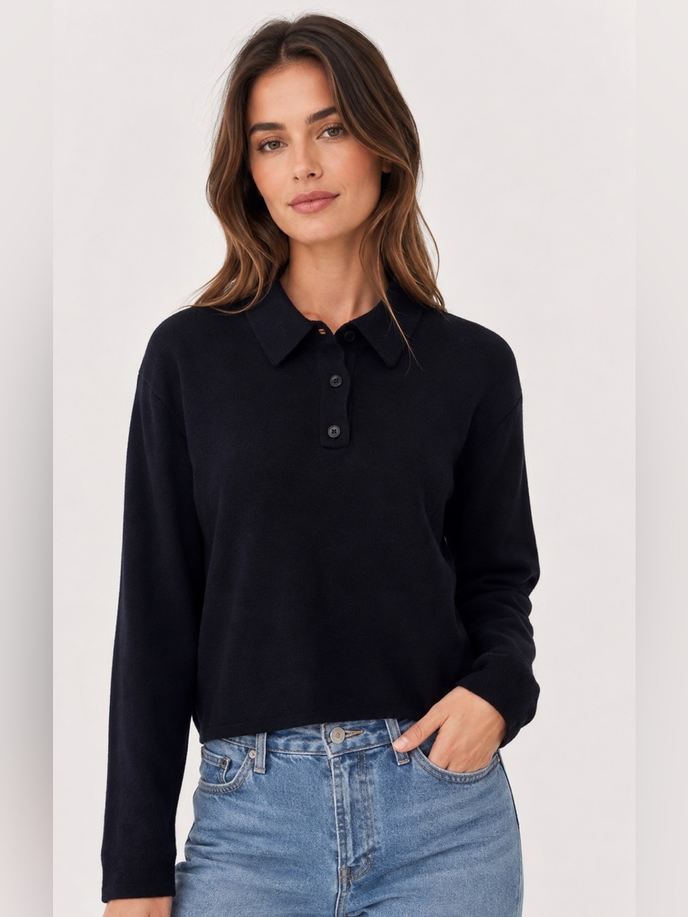 Uniqlo Black Long-Sleeve Polo Knit Top M - Picture 1 of 9